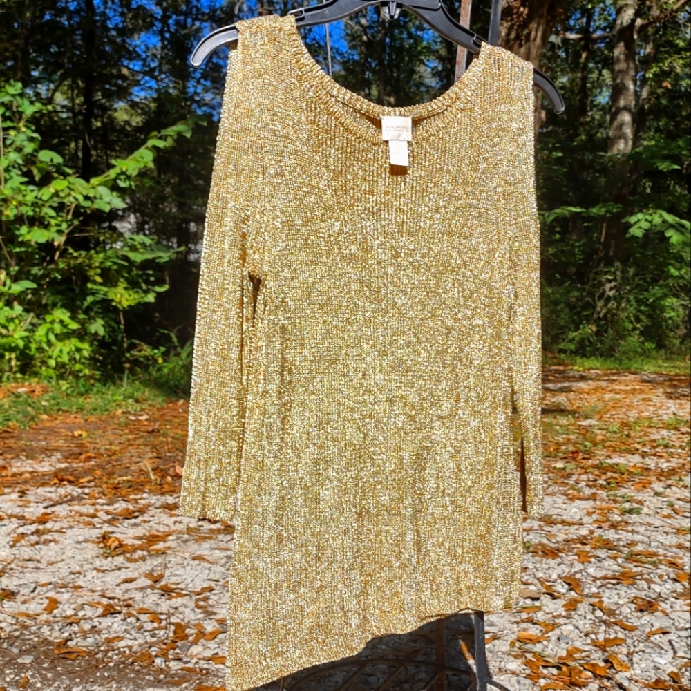 Chico's 30% Metallic Open-Shoulder Long Sleeve High Low Dress Sz. 1